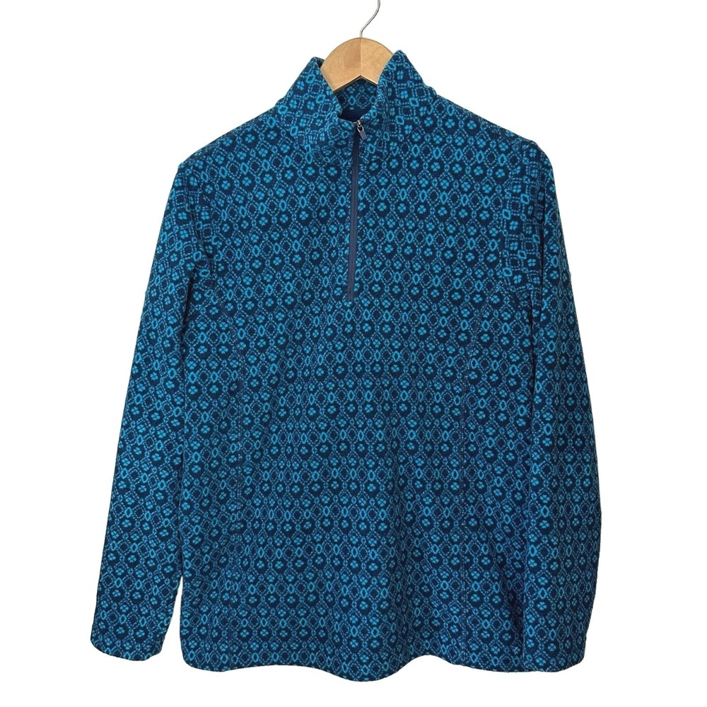 Lands End 1/4 Zip Blue Geometric Print Fleece Pullover Women's Medium 10-12 Top